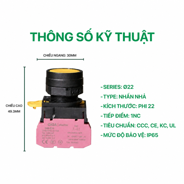 Nút nhấn nhả mặt phẳng phi 22 mm